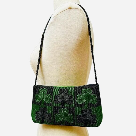 Bridgets of Erin Women's Beaded Purse Black & Green Party/Cocktail shamrock - Picture 1 of 11